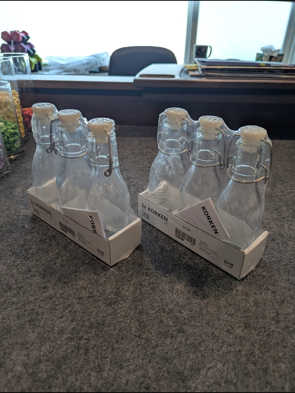IKEA Clear Glass KORKEN Bottles with White Swing Stoppers (Set of 6)